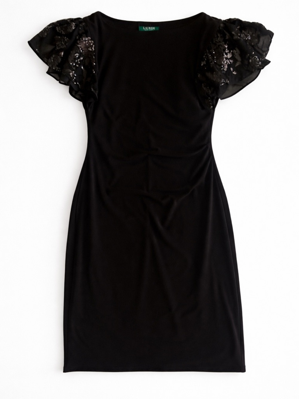 Ralph Lauren Black Flutter Sleeve Lace Detail Sheath Cocktail Dress Party Macy’s - Picture 2 of 4